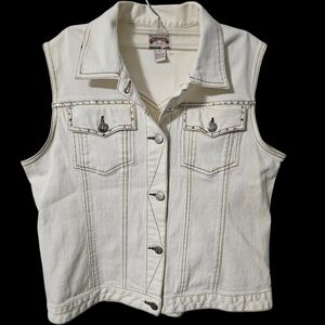 Bit & Bridle Womens Large White Vest Cowgirl Western Denim Rhinestones Button Up